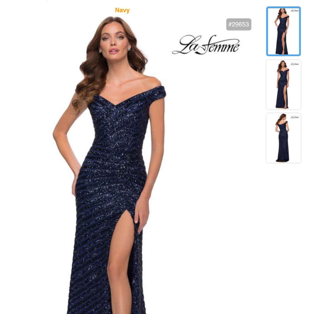 Sequin Stripe Off The Shoulder Gown La Femme